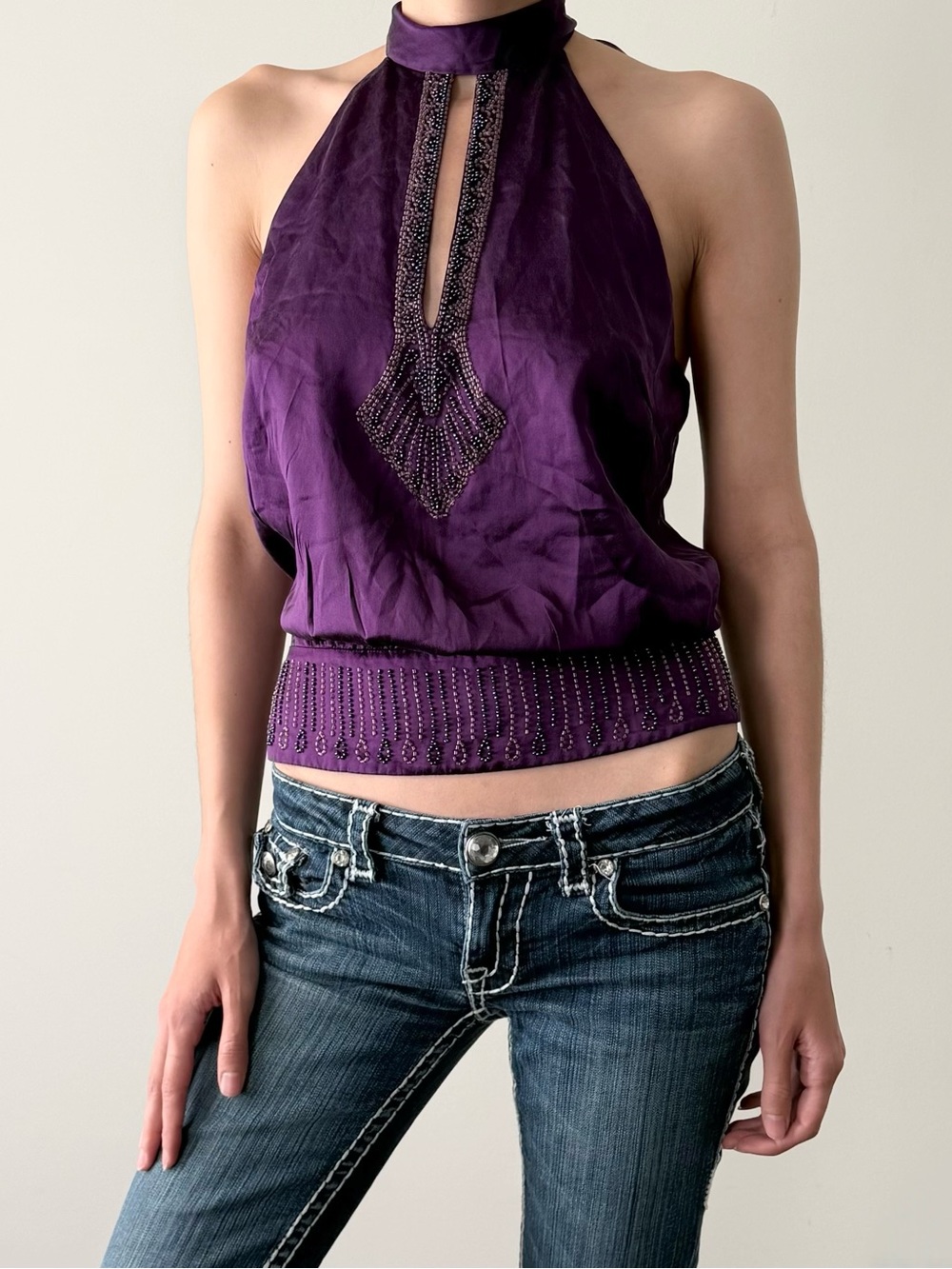 BCBG purple beaded 100% silk boho blouse.